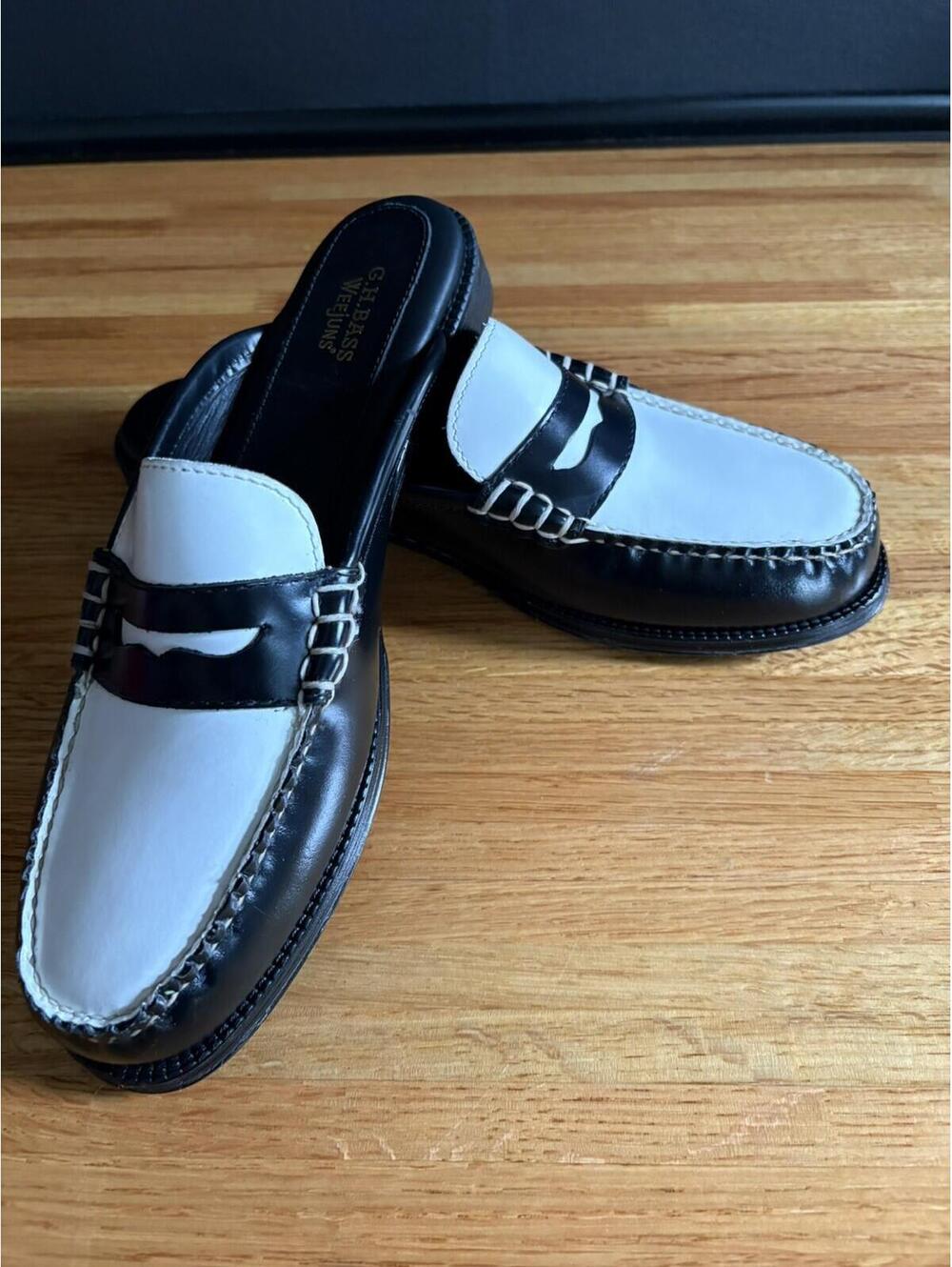 GH Bass Weejuns Wynn Mule Shoes Women's 9M Black White Leather Penny Loafers